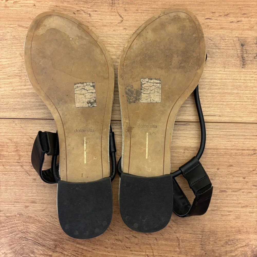 DOLCE VITA Bacey Strap Sandal In Black Women Size 10 Flat Casual‎ Summer Gold